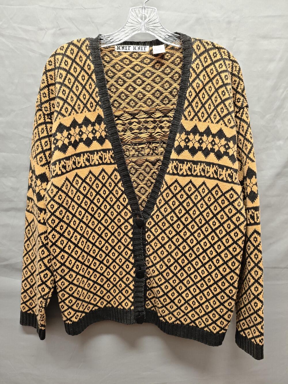 KNIT KNIT Cardigan Sweater Mens Medium Black Tan Fair Isle Ramie Cotton V Neck